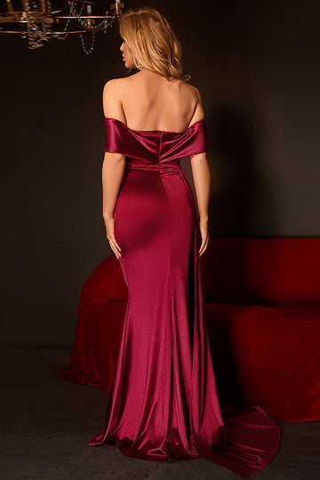 Vestido de fiesta de sirena con hombros descubiertos burdeos con volantes